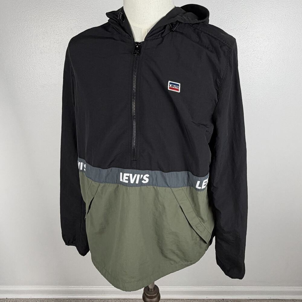 Levi’s Men’s Large Colorblock Hooded Windbreaker Jacket Black Green Logo